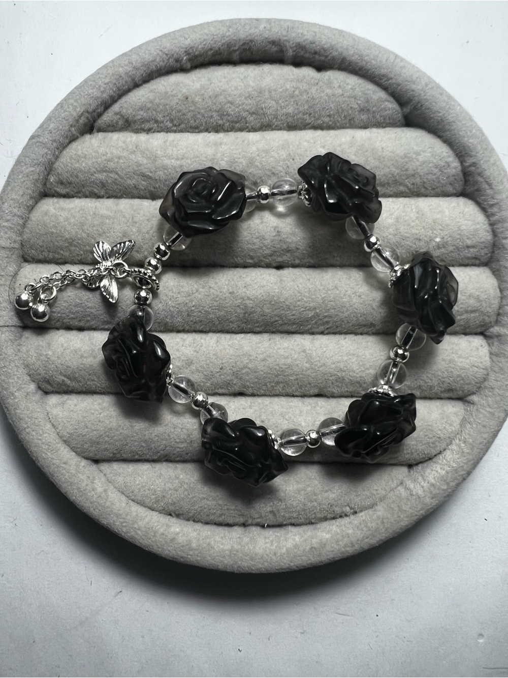 Handcrafted Dark Smoky Quartz Rose Bead Bracelet with Silver Accent